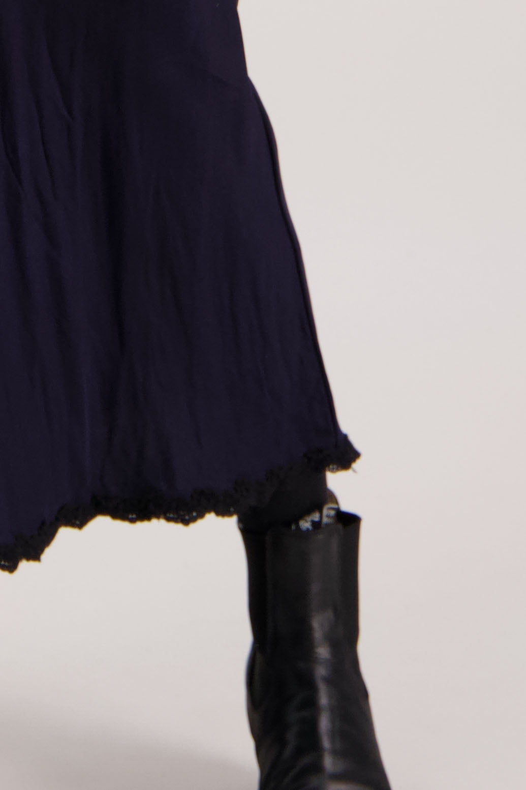 Rosie Skirt in Ink by Briarwood NZ. 100% viscose bias cut A-line skirt with lace hem