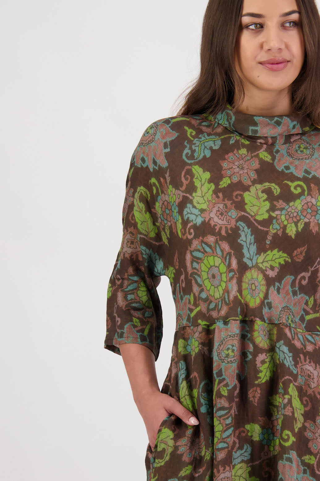 Rowena Dress in Brown Floral by Briarwood NZ. 100% Ramie dress, roll neck, bias cut top, puff hem start, 3/4 sleeves, pockets, lined