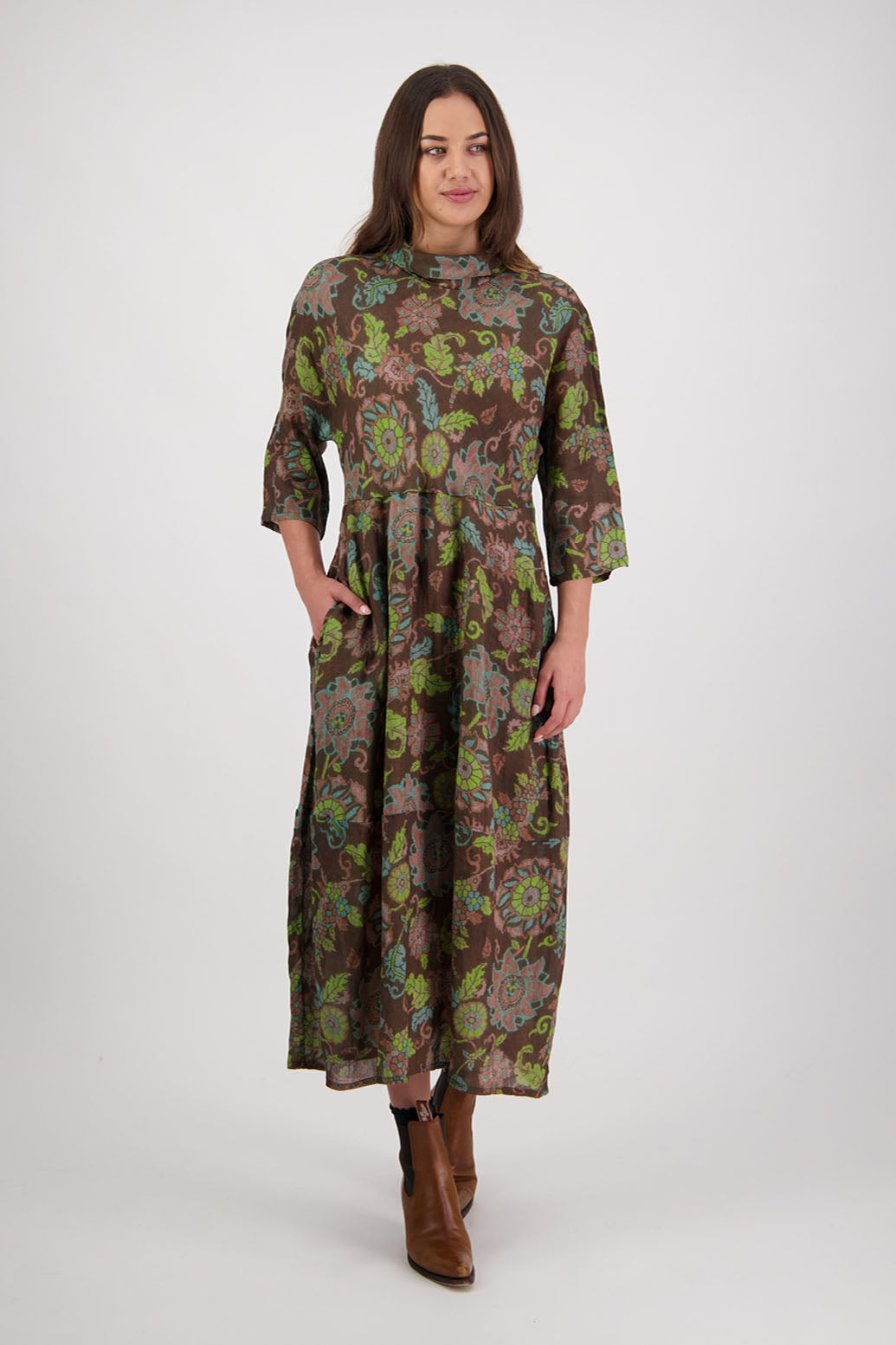 Rowena Dress in Brown Floral by Briarwood NZ. 100% Ramie dress, roll neck, bias cut top, puff hem start, 3/4 sleeves, pockets, lined