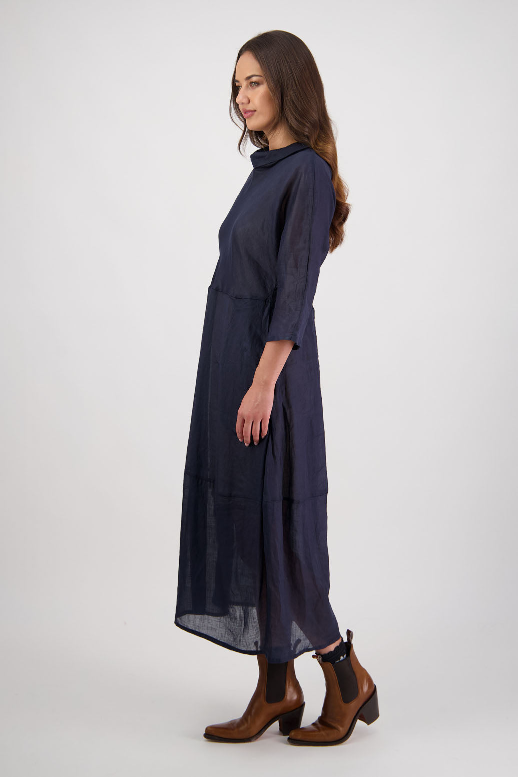 Rowena Dress in Ink by Briarwood NZ. 100% Ramie dress, roll neck, bias cut top, puff hem start, 3/4 sleeves, pockets, lined