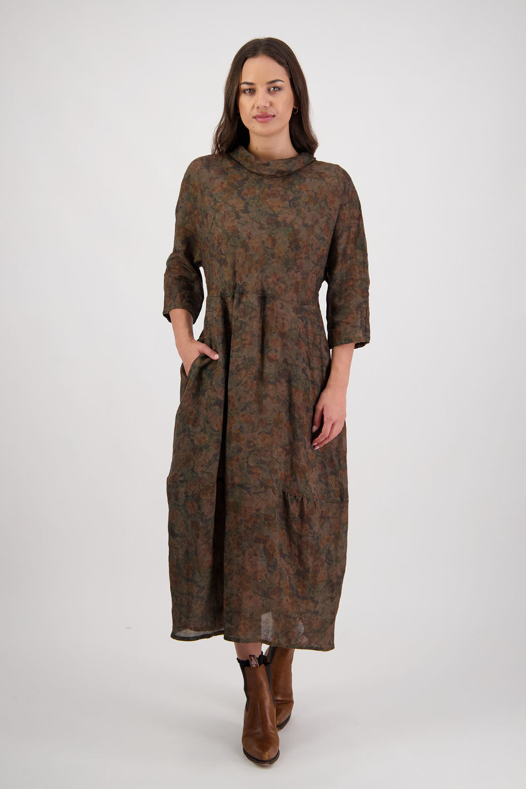 Rowena Dress in Vintage Floral by Briarwood NZ. 100% Ramie dress, roll neck, bias cut top, puff hem start, 3/4 sleeves, pockets, lined