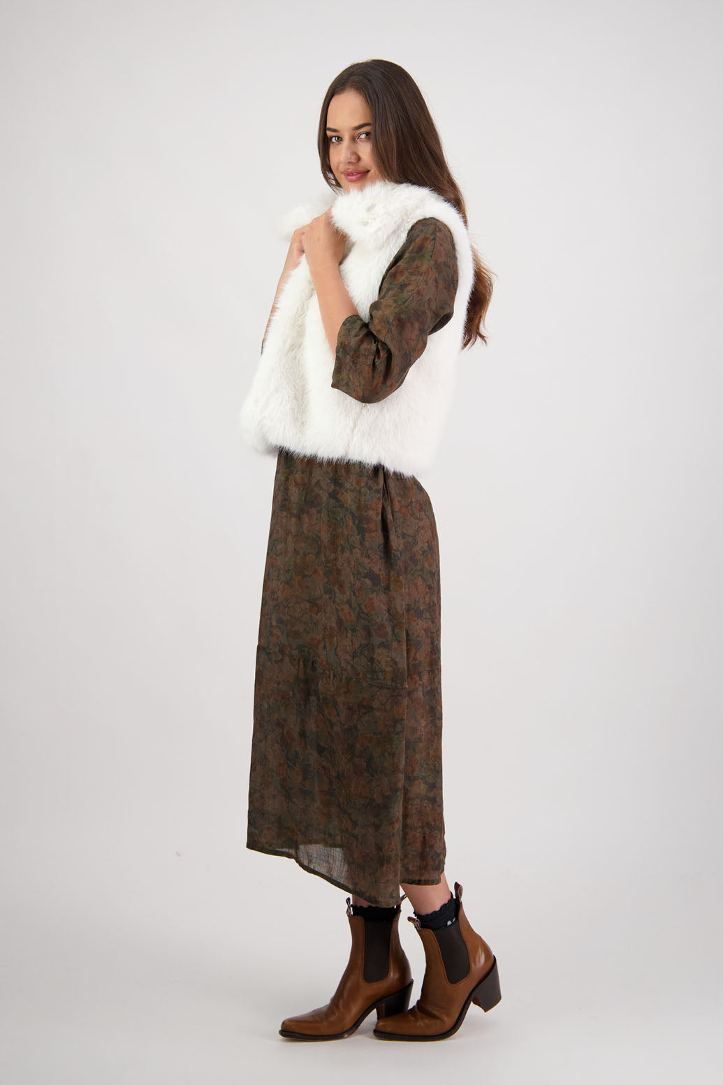 Rowena Dress in Vintage Floral by Briarwood NZ. 100% Ramie dress, roll neck, bias cut top, puff hem start, 3/4 sleeves, pockets, lined