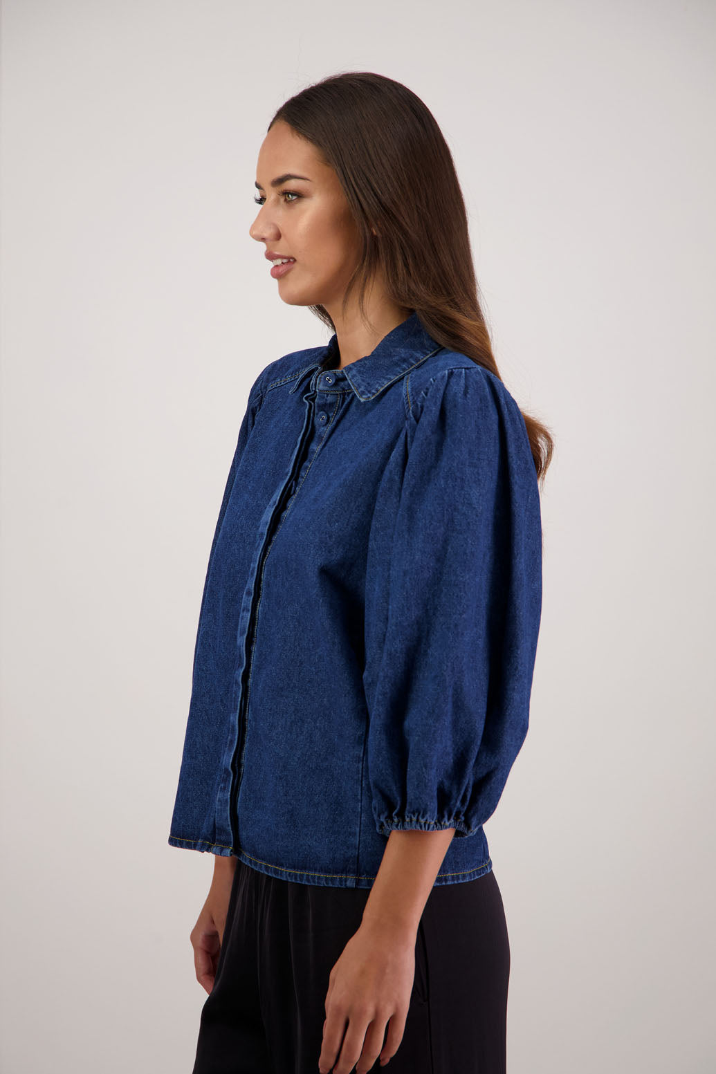 Roxanne Denim Shirt by Briarwood NZ. 100% cotton shirt with puff sleeves, collar and button through
