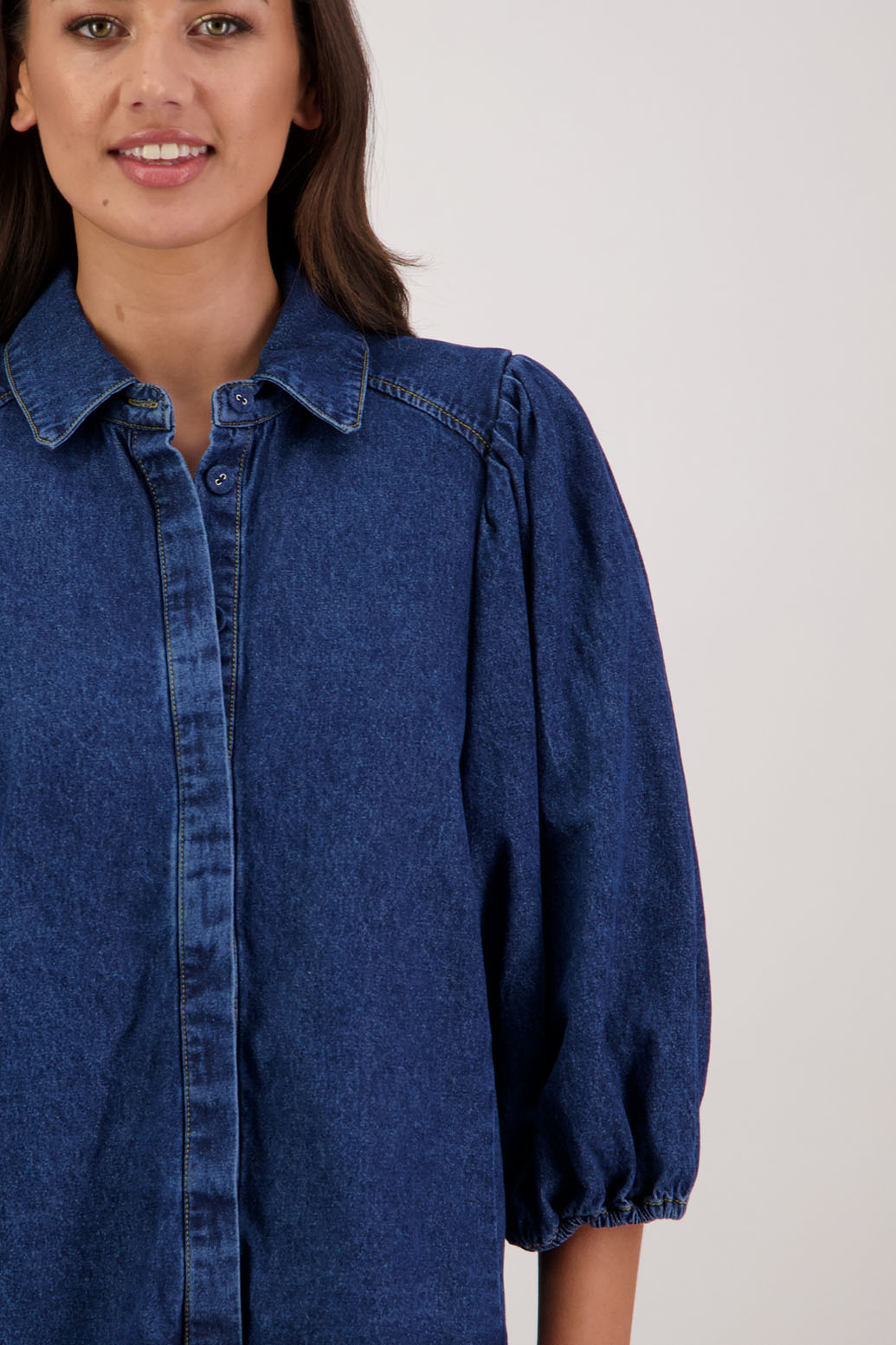 Roxanne Denim Shirt by Briarwood NZ. 100% cotton shirt with puff sleeves, collar and button through