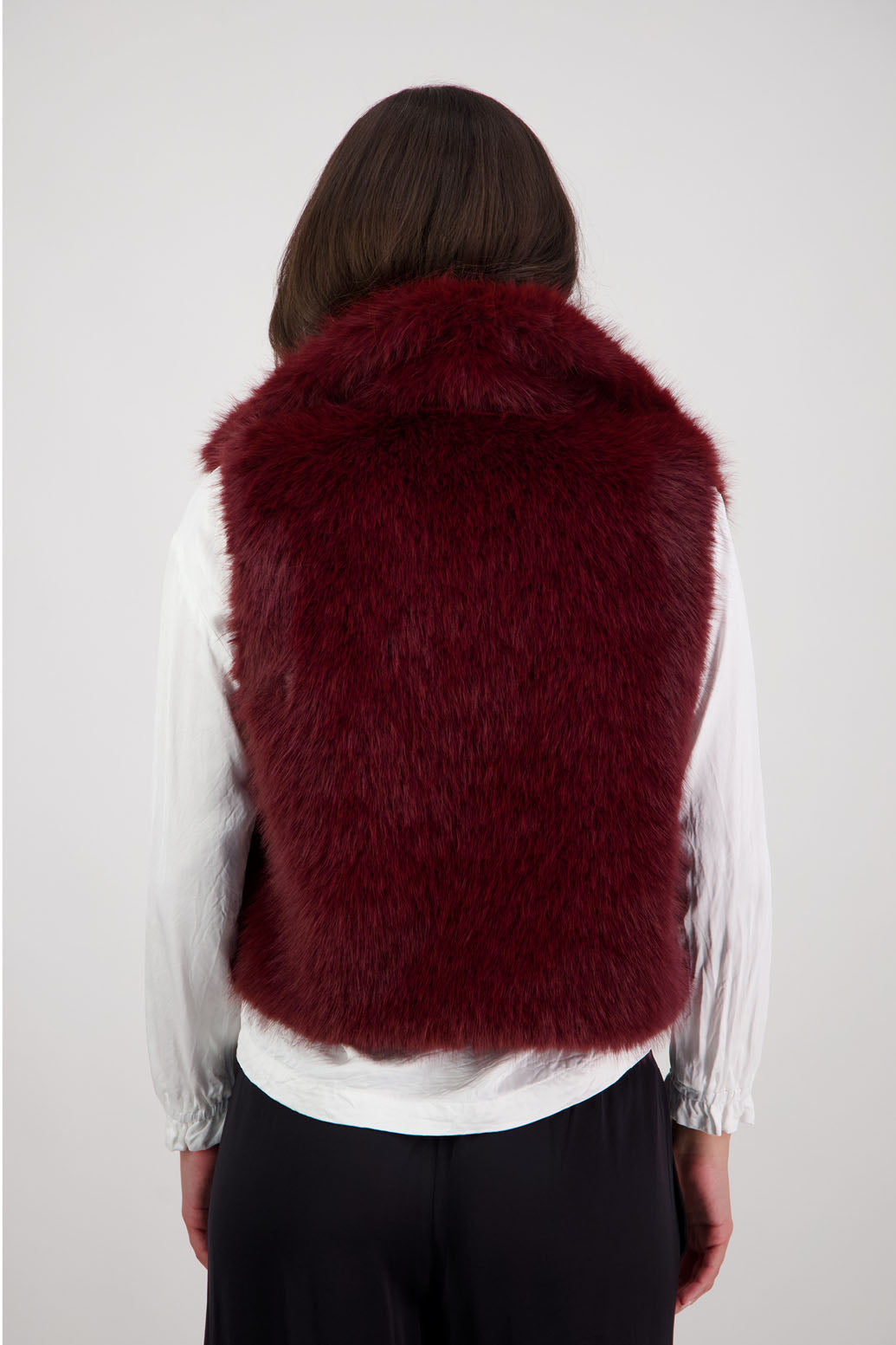 Royal Fluffy Vest in Red by Briarwood NZ. Fluffy faux fur polyester vest, collar, hook and eye closure, pockets