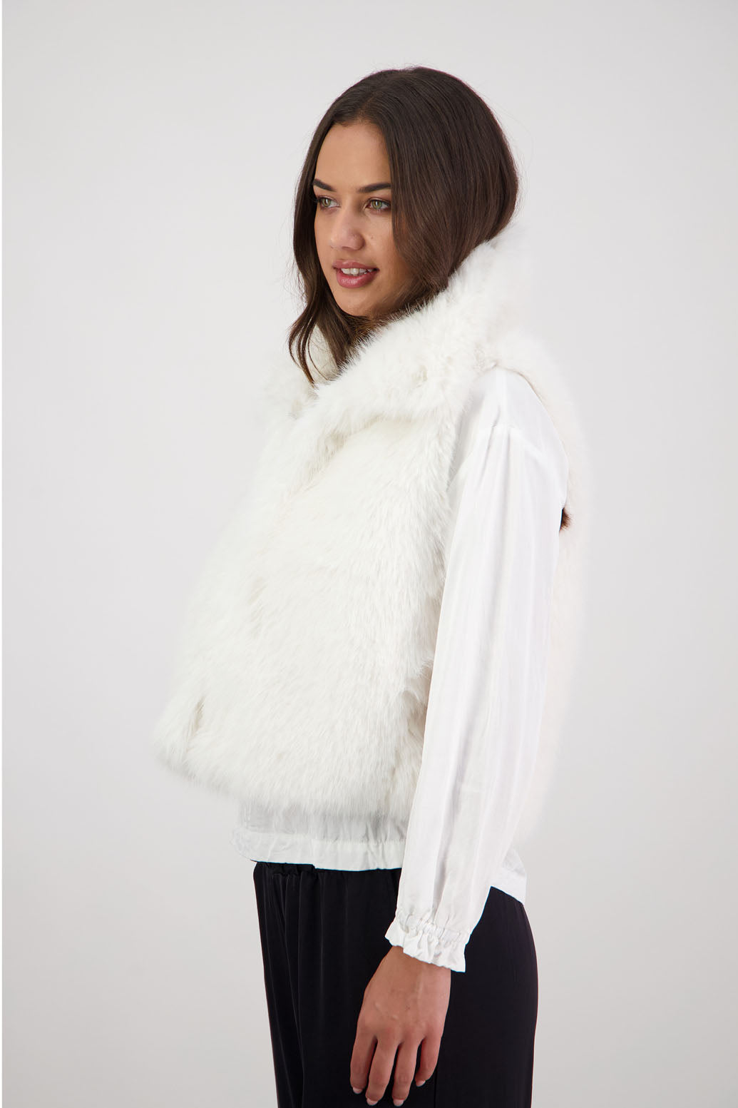 Royal Fluffy Vest in White by Briarwood NZ. Fluffy faux fur polyester vest, collar, hook and eye closure, pockets