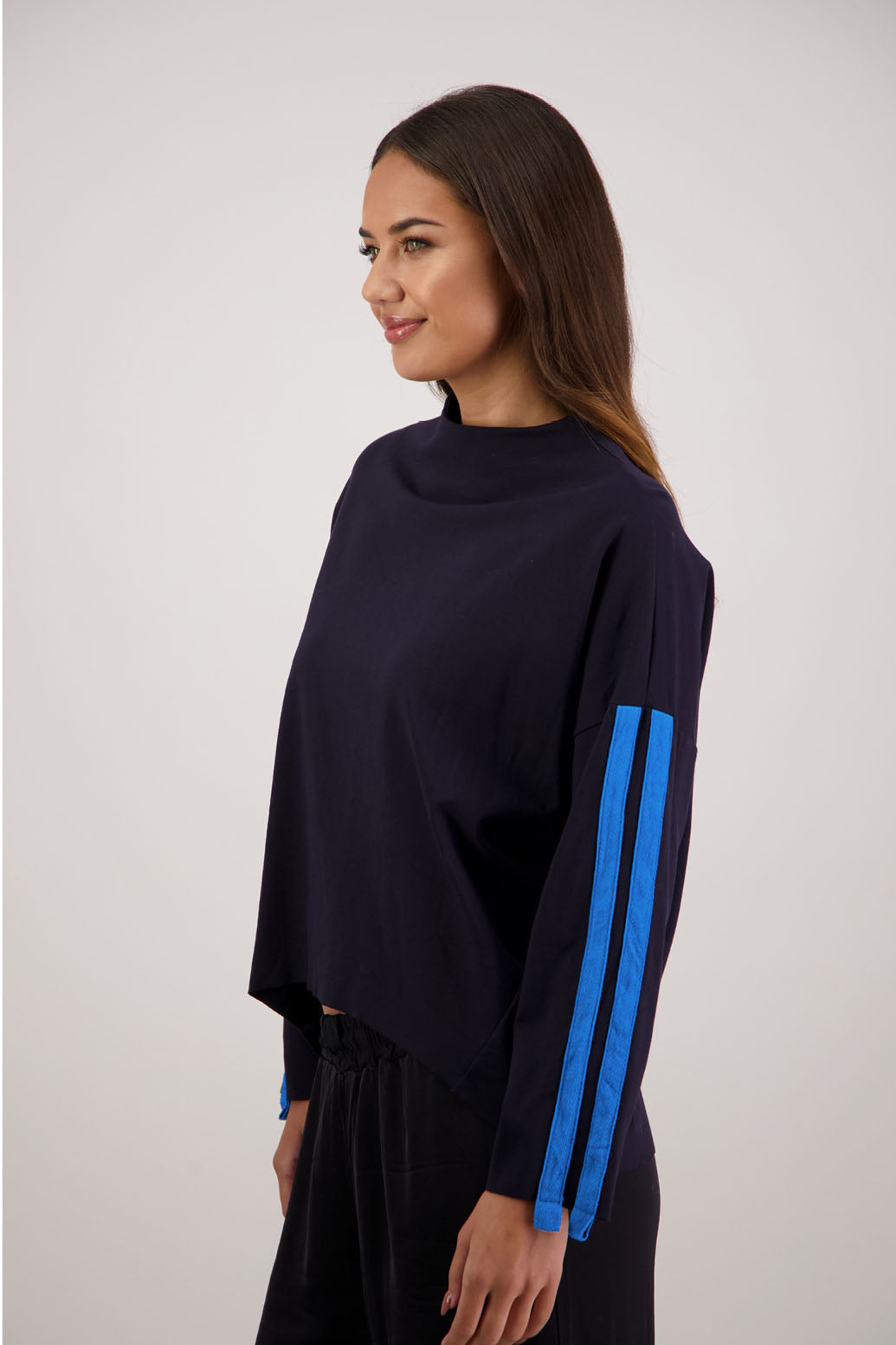 Roz Sweatshirt in Ink by Briarwood NZ. 100% Ponte sweatshirt with funnel neck, drop shoulder and double side stripe