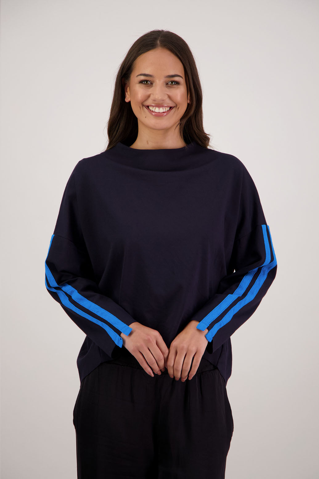 Roz Sweatshirt in Ink by Briarwood NZ. 100% Ponte sweatshirt with funnel neck, drop shoulder and double side stripe