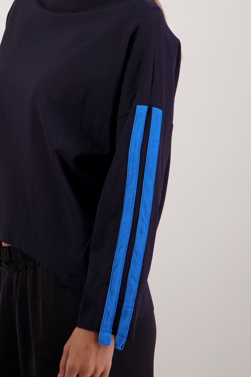 Roz Sweatshirt in Ink by Briarwood NZ. 100% Ponte sweatshirt with funnel neck, drop shoulder and double side stripe