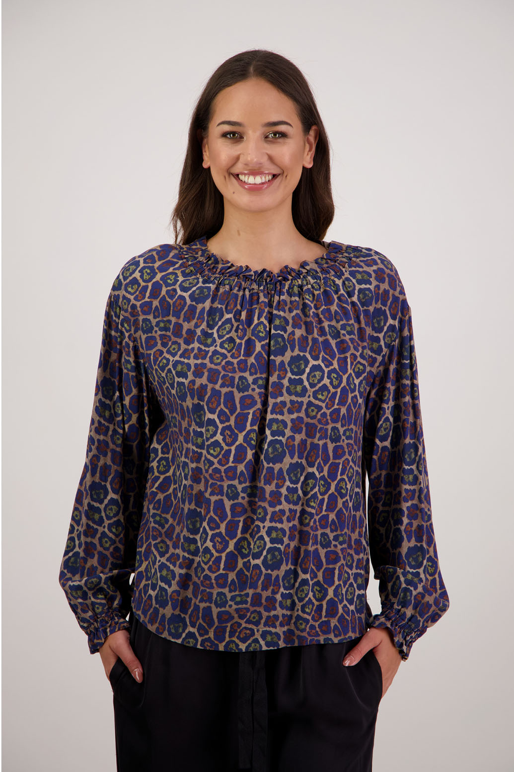 Rumer Top in Antique Leopard by Briarwood NZ. 100% viscose easy fit top with elasticated neck, long sleeves, frill on neck and sleeves
