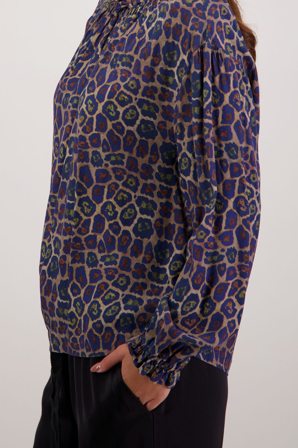 Rumer Top in Antique Leopard by Briarwood NZ. 100% viscose easy fit top with elasticated neck, long sleeves, frill on neck and sleeves