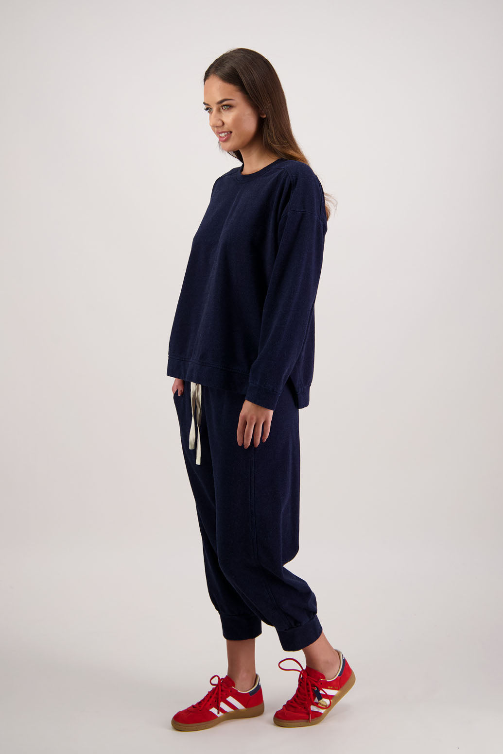 Russ Pant in Denim Jersey by Briarwood NZ. 100% cotton sweatpant, cuffed 7/8 length, elasticated waist with draw cord, front side pockets