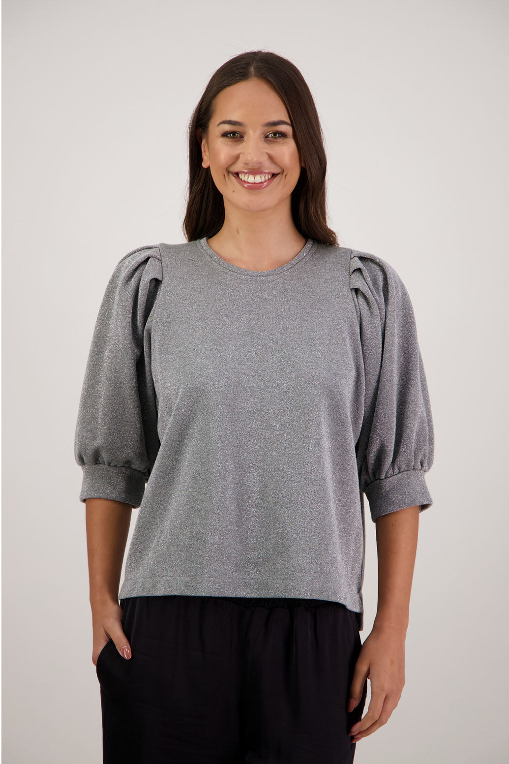 Russo Sweatshirt in Metallic Silver by Briarwood NZ. 100% cotton sweatshirt with 3/4 sleeves, pleat in shoulder, split hem