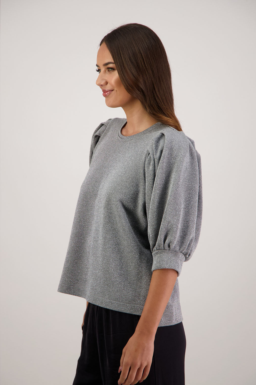 Russo Sweatshirt in Metallic Silver by Briarwood NZ. 100% cotton sweatshirt with 3/4 sleeves, pleat in shoulder, split hem