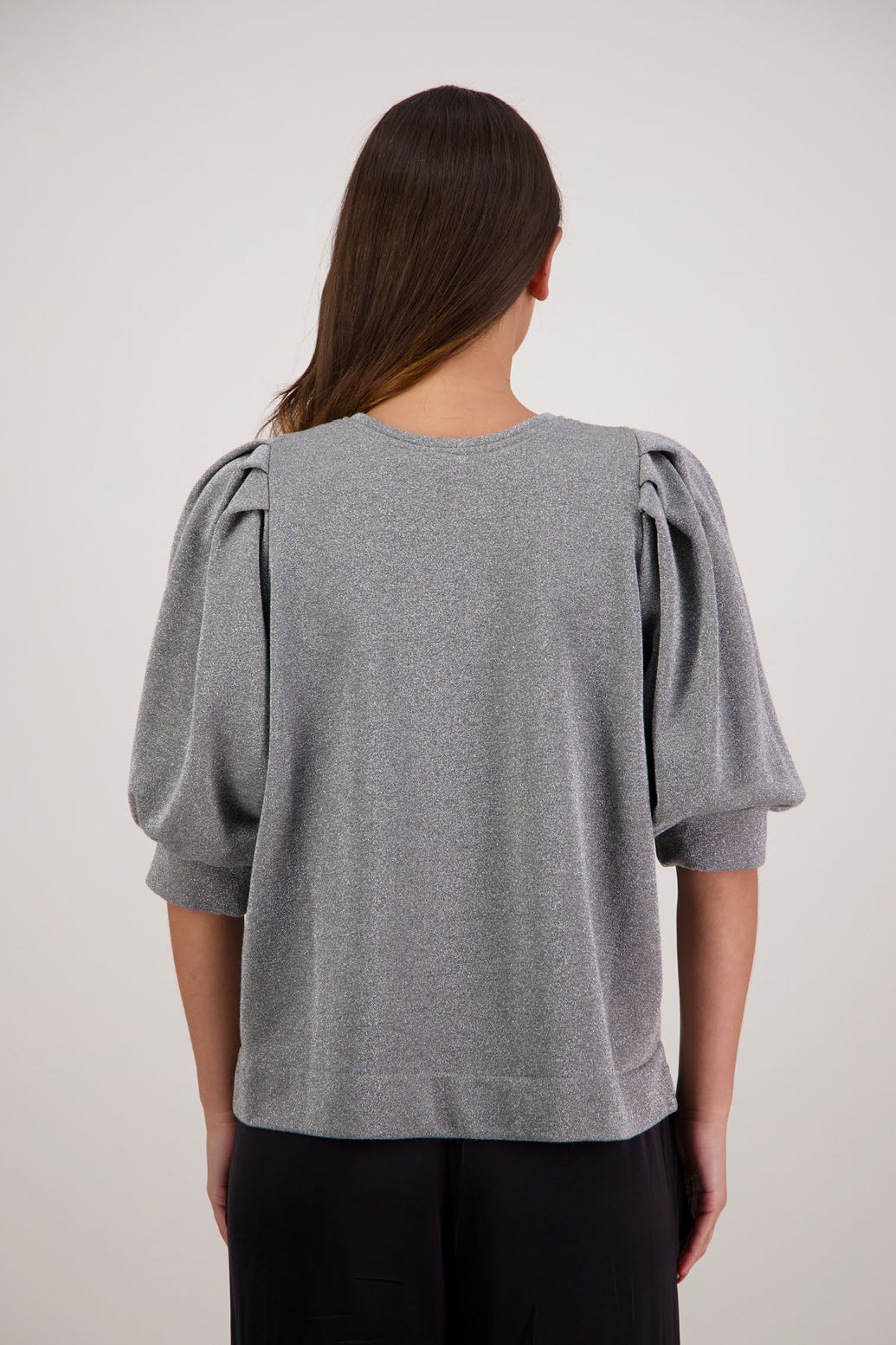 Russo Sweatshirt in Metallic Silver by Briarwood NZ. 100% cotton sweatshirt with 3/4 sleeves, pleat in shoulder, split hem