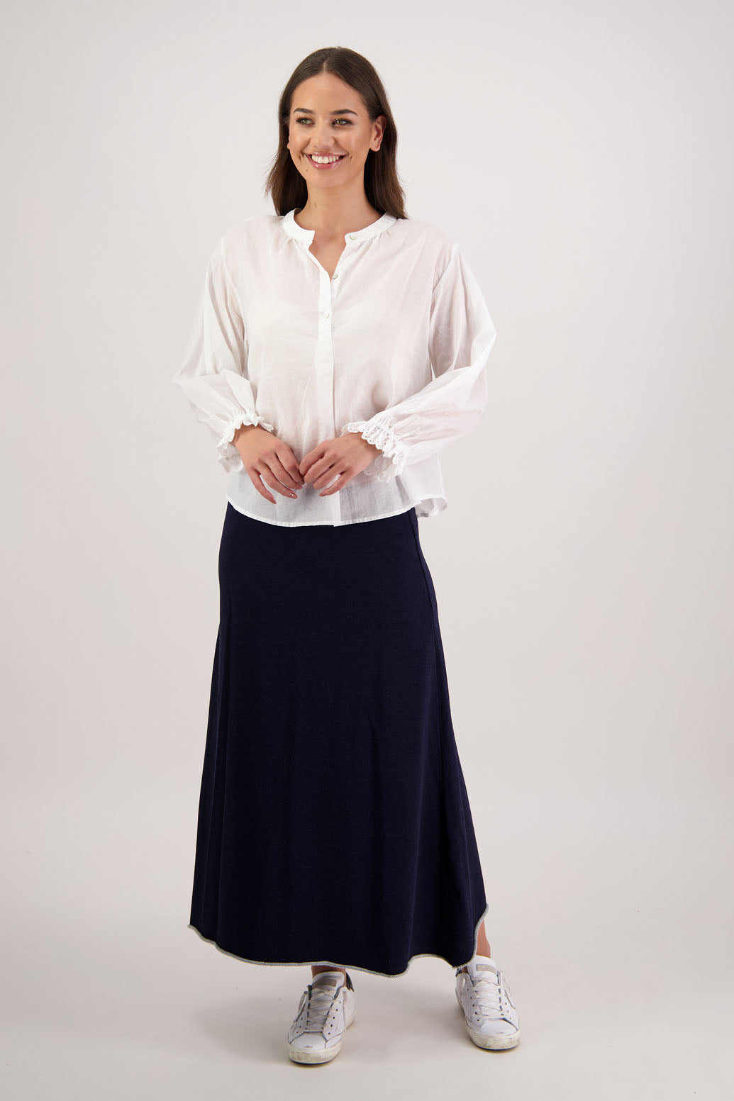 Rutherford Skirt in Denim Jersey by Briarwood NZ. 100% cotton sweatshirting a-line skirt, elasticated waist, raw hem