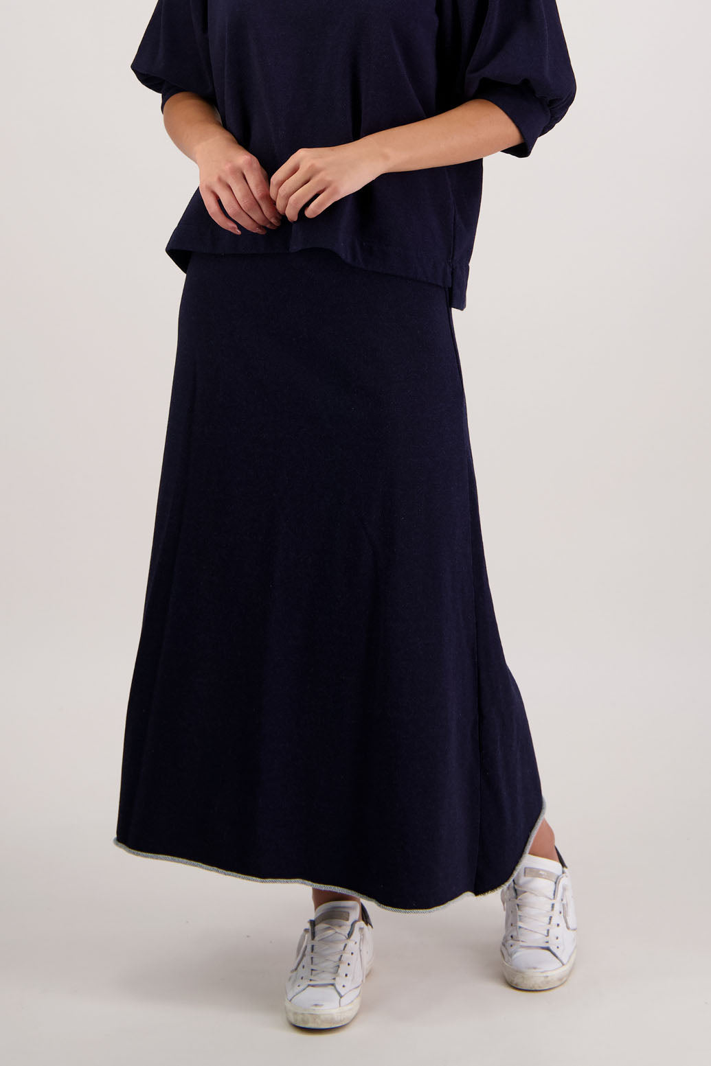Rutherford Skirt in Denim Jersey by Briarwood NZ. 100% cotton sweatshirting a-line skirt, elasticated waist, raw hem
