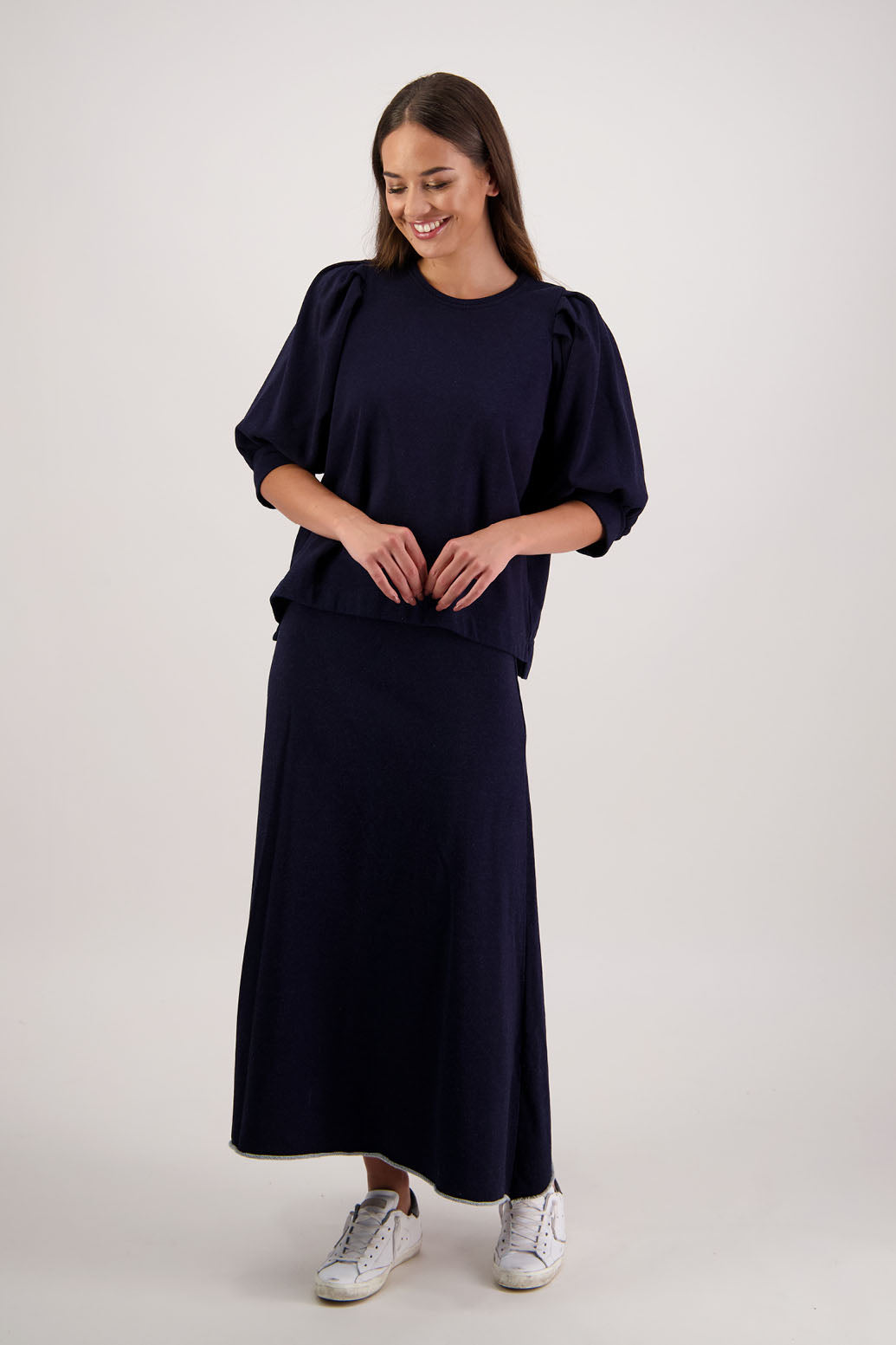 Rutherford Skirt in Denim Jersey by Briarwood NZ. 100% cotton sweatshirting a-line skirt, elasticated waist, raw hem