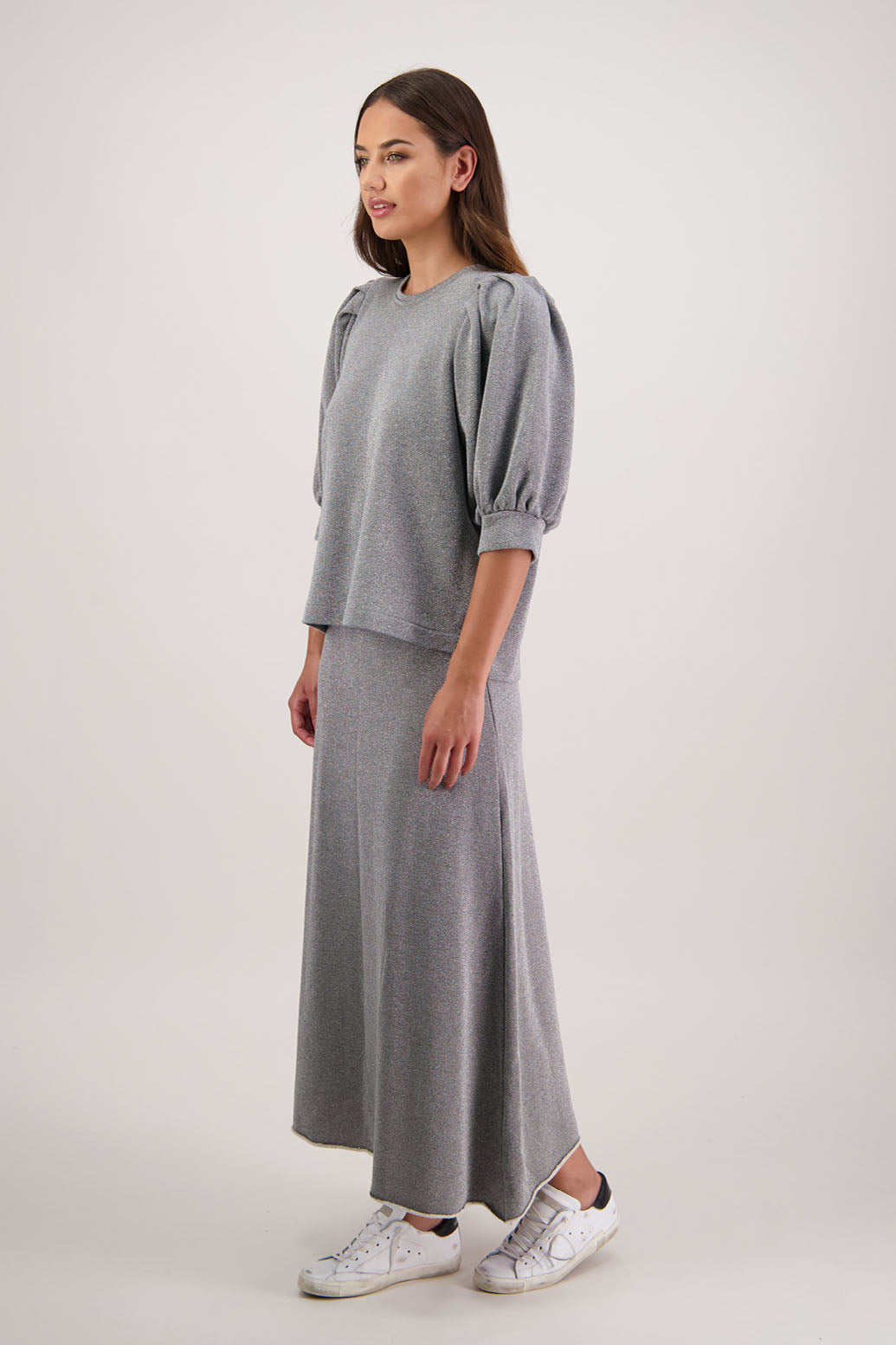 Rutherford Skirt in Metallic Silver by Briarwood NZ. 100% cotton sweatshirting a-line skirt, elasticated waist, raw hem
