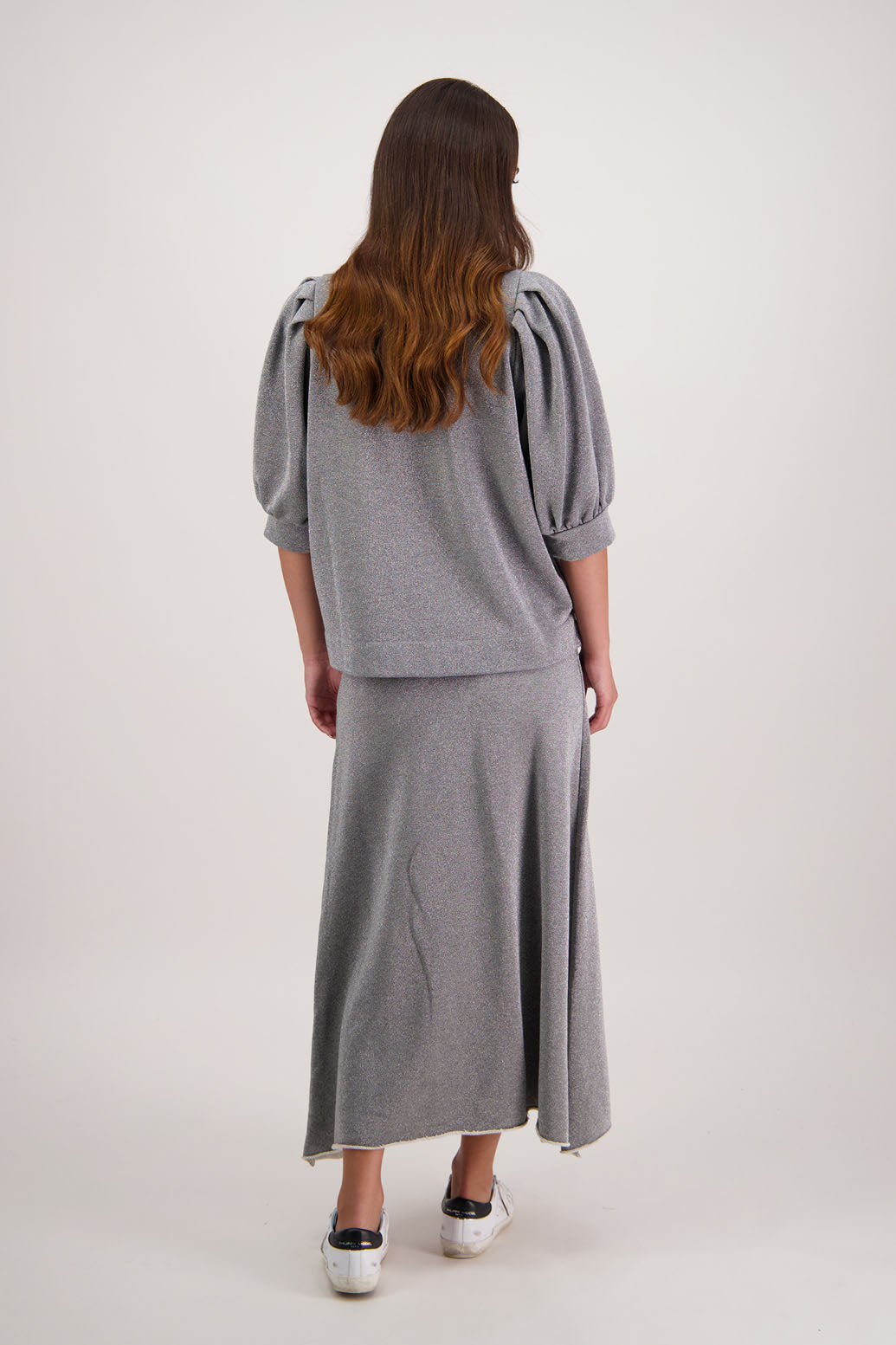 Rutherford Skirt in Metallic Silver by Briarwood NZ. 100% cotton sweatshirting a-line skirt, elasticated waist, raw hem