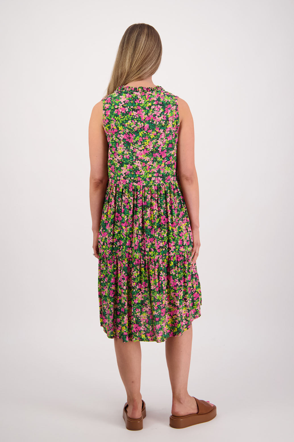 Womens sleeveless sundress, with two tier skirt and V neck with a slight ruffle. Briarwood NZ. Viscose. Sabrina. Pansy Print