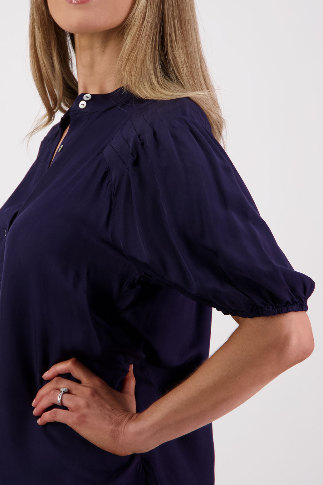 Womens Ink Shirt with Elbow Length Puff Sleeves and Grandpa collar. Briarwood NZ. Saffron. Viscose.