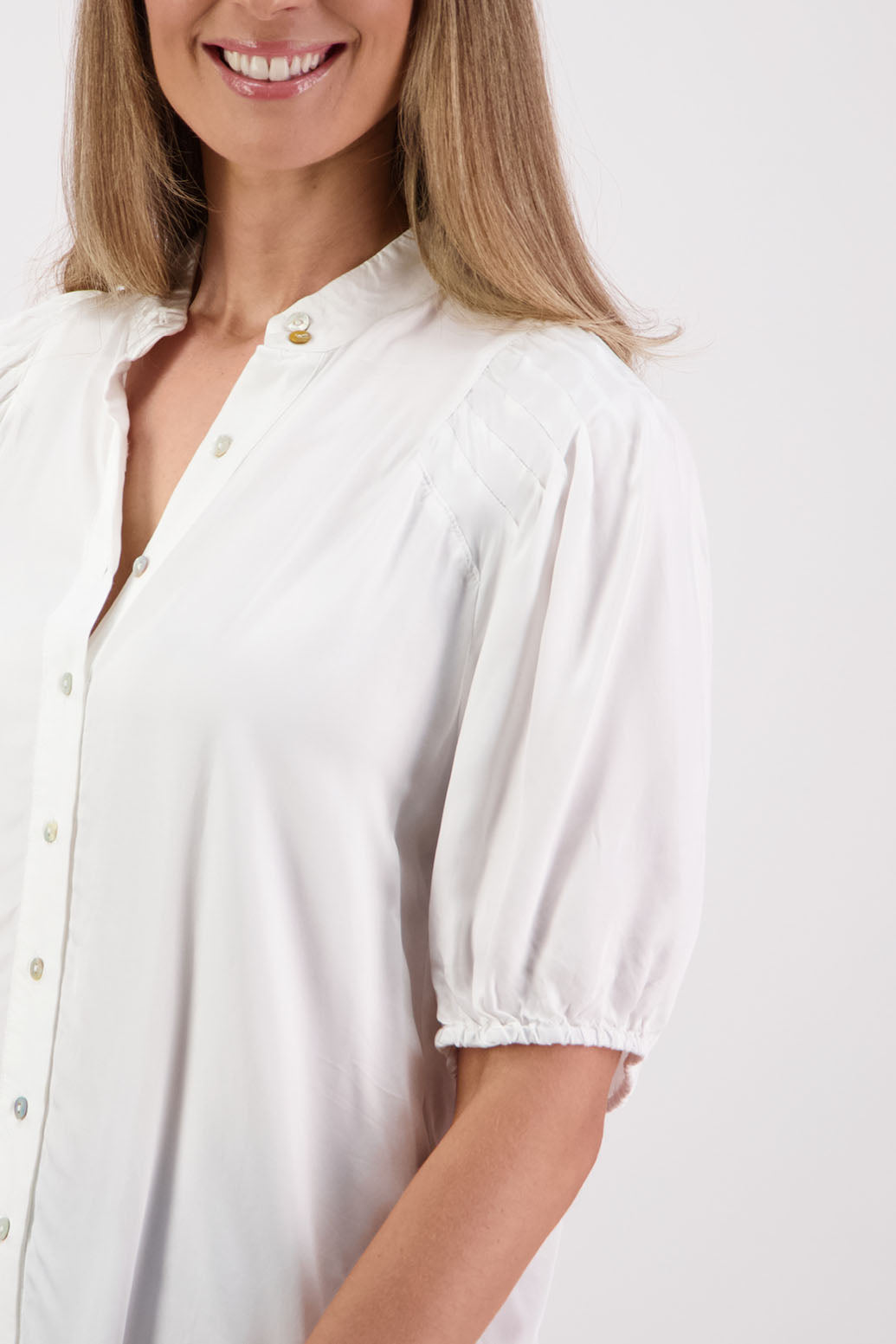Womens Ivory Shirt with Elbow Length Puff Sleeves and Grandpa collar. Briarwood NZ. Saffron. Viscose.