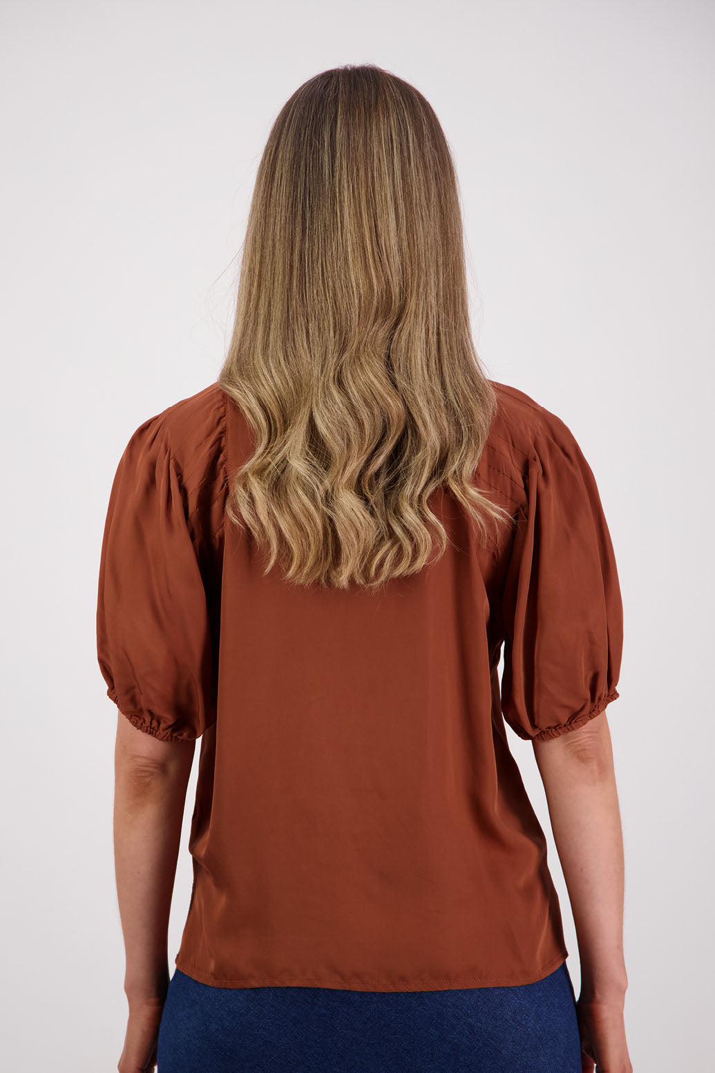 Womens Tan Shirt with Elbow Length Puff Sleeves and Grandpa collar. Briarwood NZ. Saffron. Viscose.