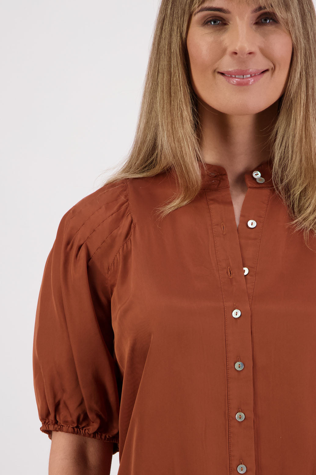 Womens Tan Shirt with Elbow Length Puff Sleeves and Grandpa collar. Briarwood NZ. Saffron. Viscose.