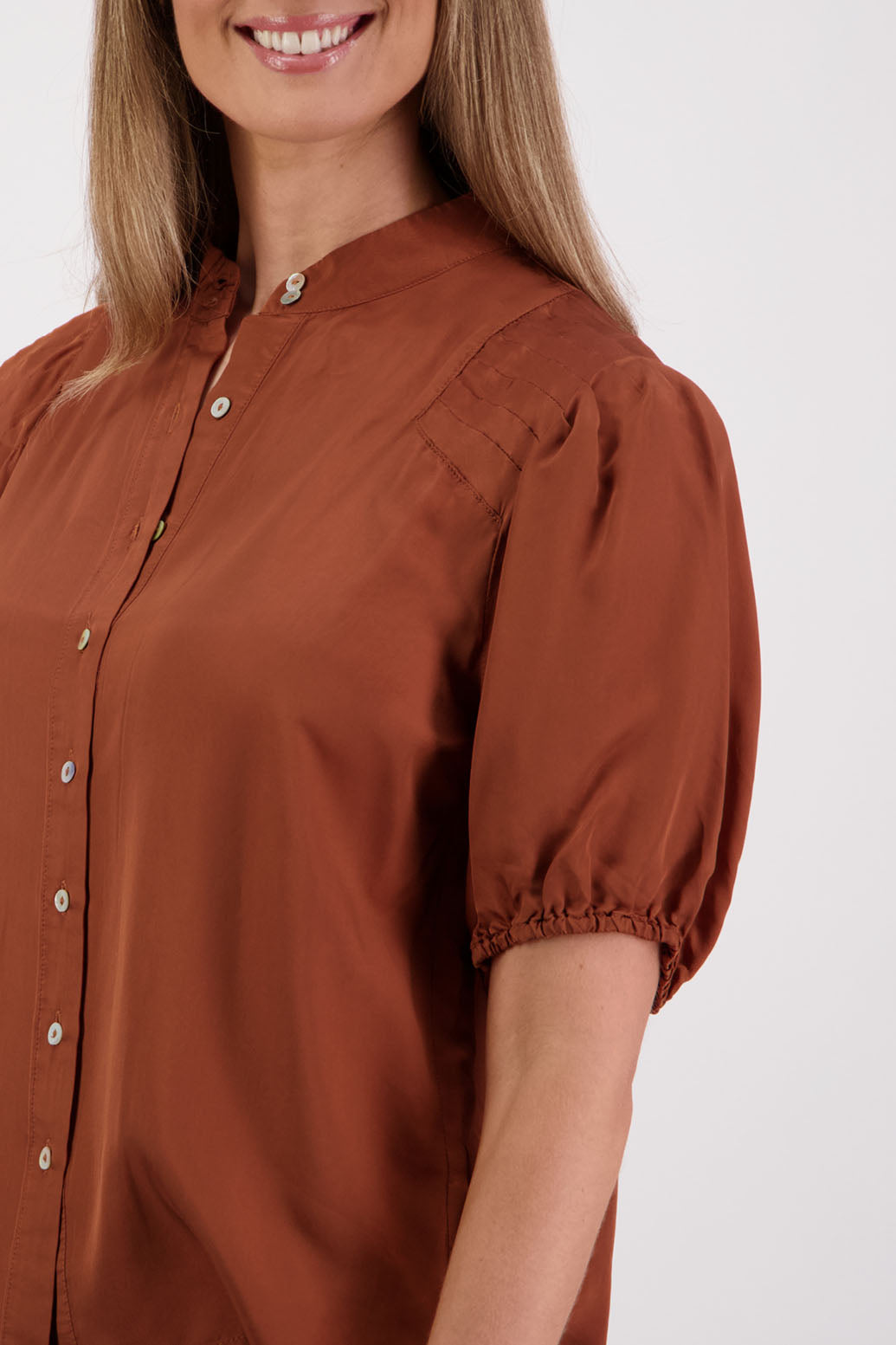 Womens Tan Shirt with Elbow Length Puff Sleeves and Grandpa collar. Briarwood NZ. Saffron. Viscose.