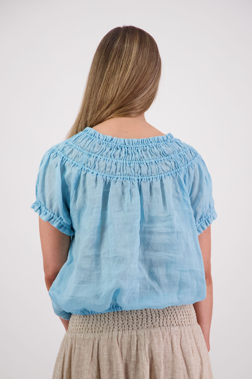 Womens top with shirred neck and ruffle sleeve. Briarwood NZ. Sal, Aqua, Ramie