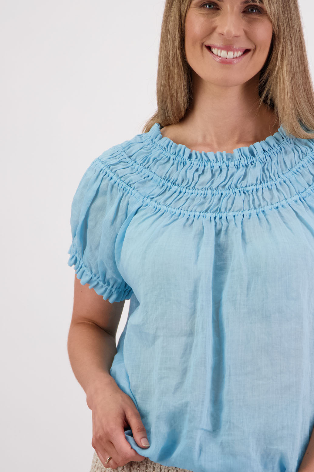 Womens top with shirred neck and ruffle sleeve. Briarwood NZ. Sal, Aqua, Ramie