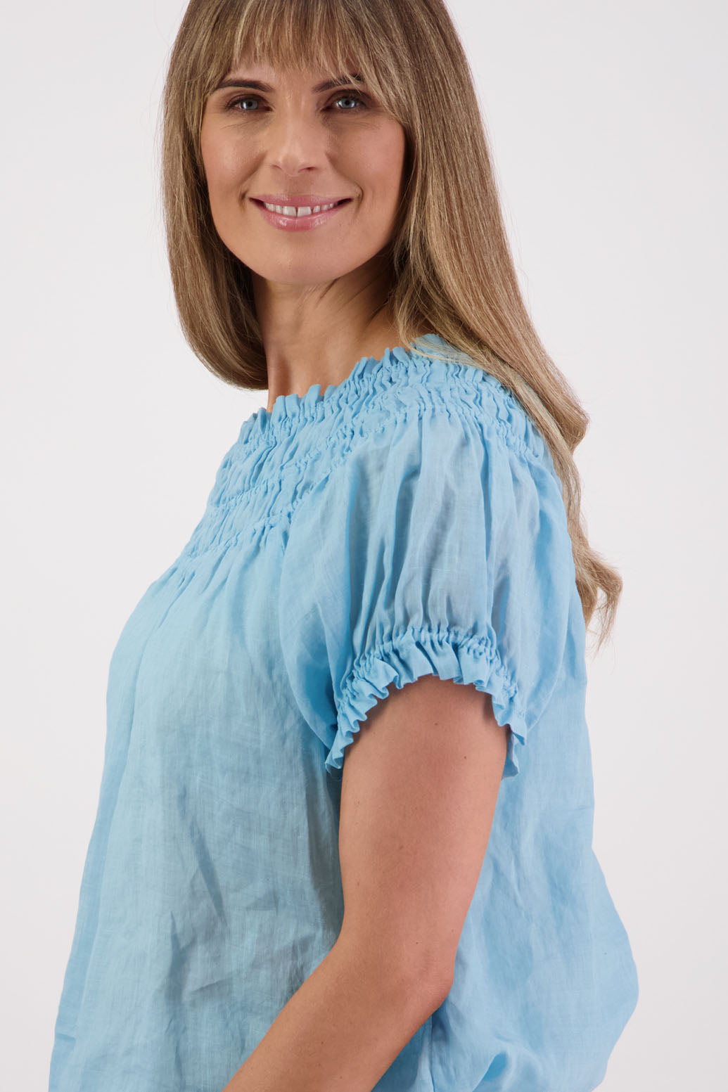 Womens top with shirred neck and ruffle sleeve. Briarwood NZ. Sal, Aqua, Ramie