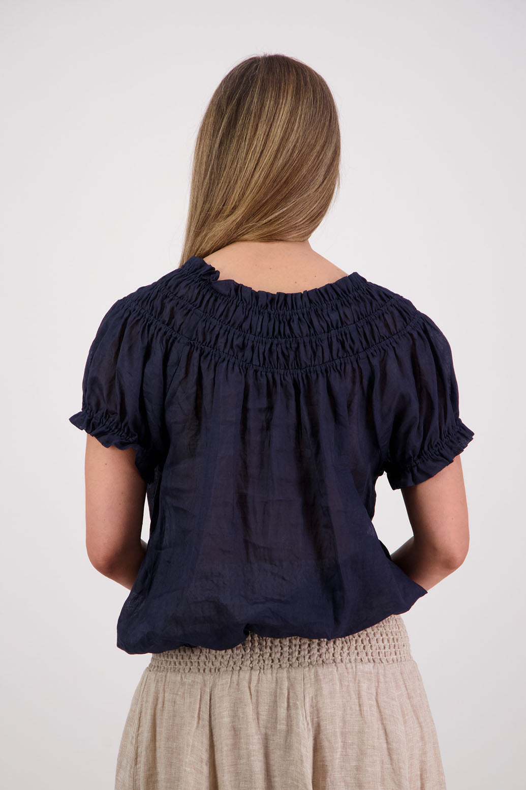 Womens top with shirred neck and ruffle sleeve. Briarwood NZ. Sal, Ink/Navy, Ramie