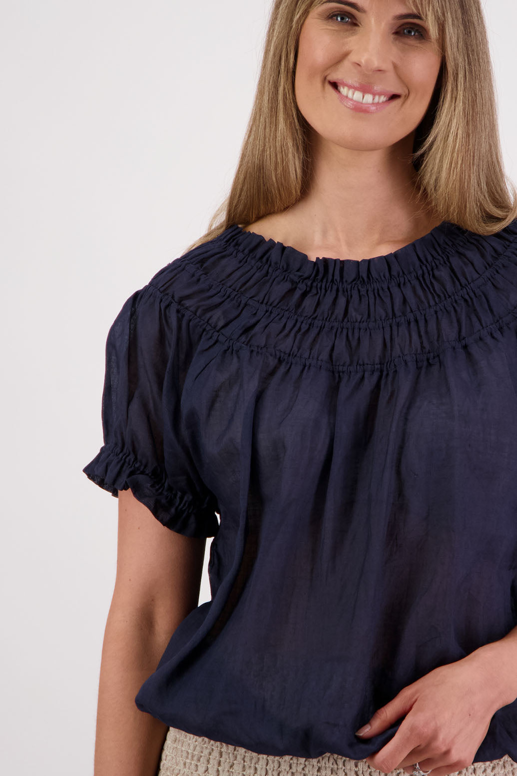Womens top with shirred neck and ruffle sleeve. Briarwood NZ. Sal, Ink/Navy, Ramie