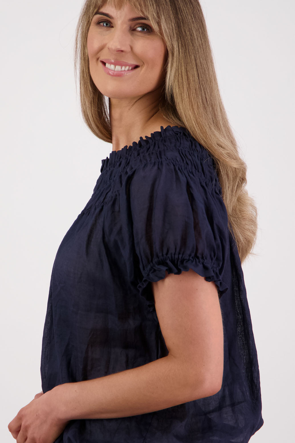 Womens top with shirred neck and ruffle sleeve. Briarwood NZ. Sal, Ink/Navy, Ramie