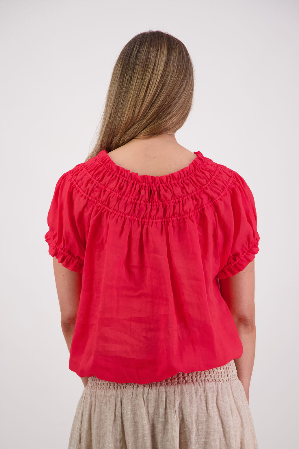 Womens top with shirred neck and ruffle sleeve. Briarwood NZ. Sal, Red, Ramie
