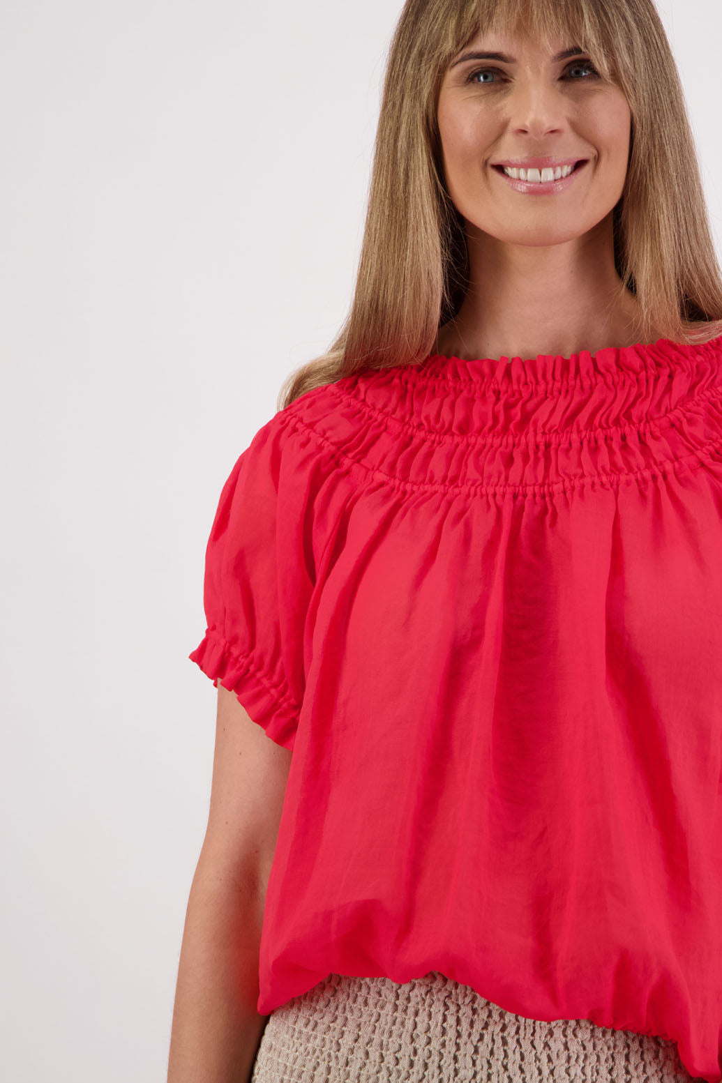Womens top with shirred neck and ruffle sleeve. Briarwood NZ. Sal, Red, Ramie