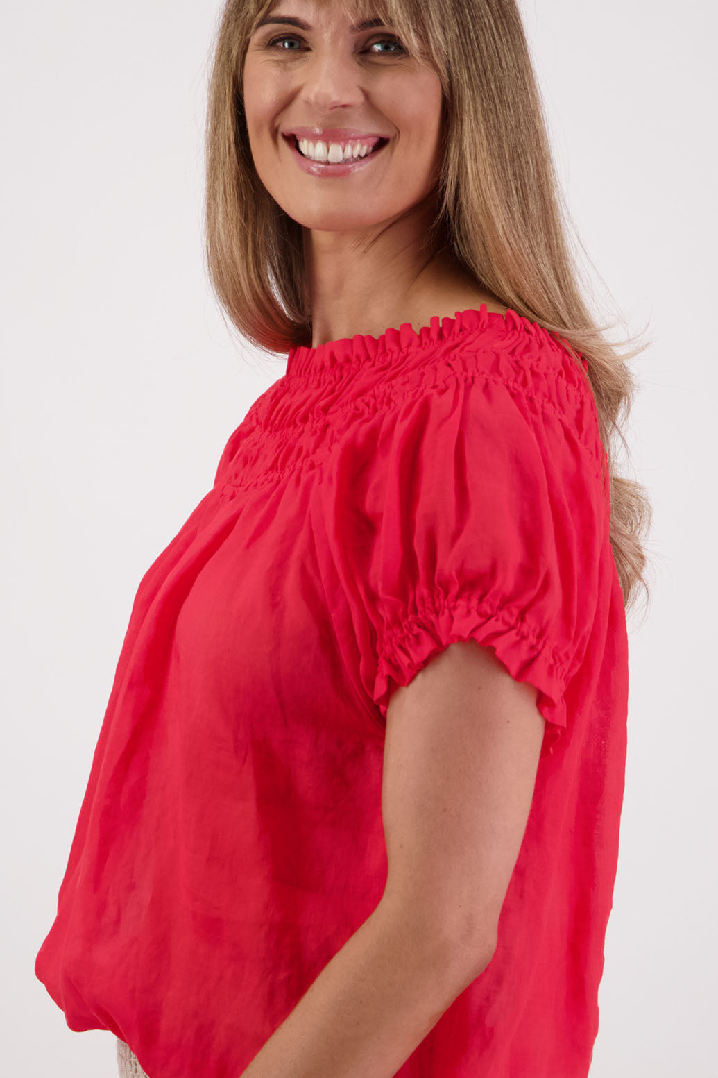 Womens top with shirred neck and ruffle sleeve. Briarwood NZ. Sal, Red, Ramie