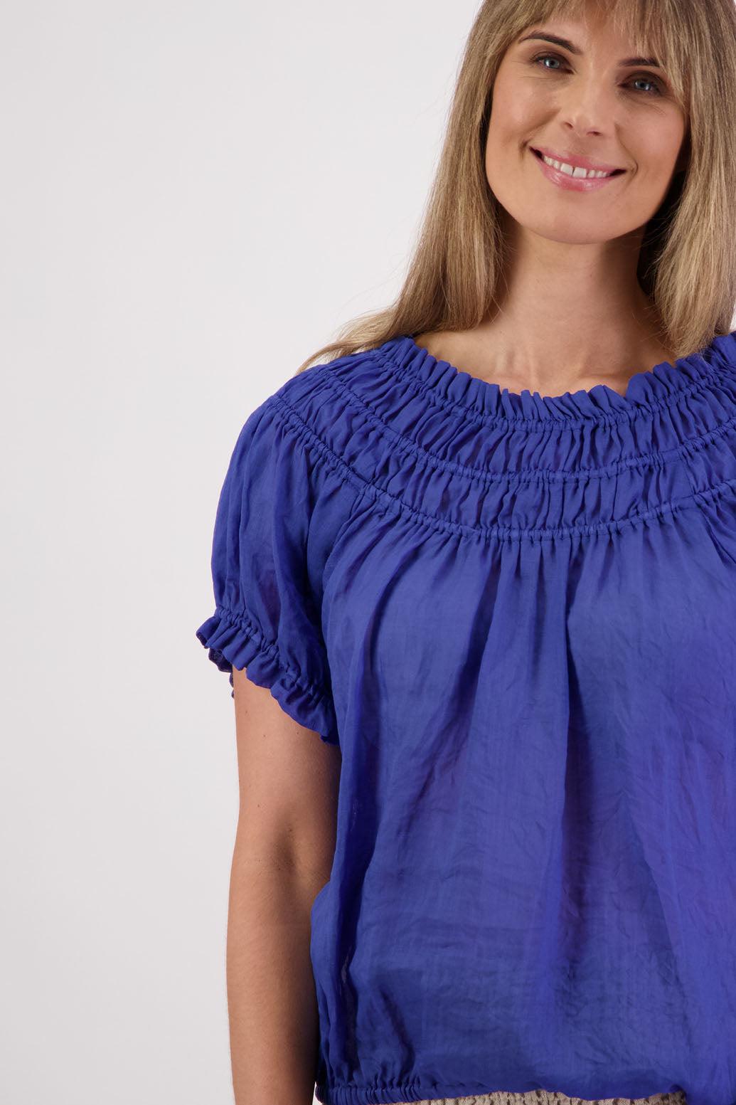 Womens top with shirred neck and ruffle sleeve. Briarwood NZ. Sal, Royal, Ramie