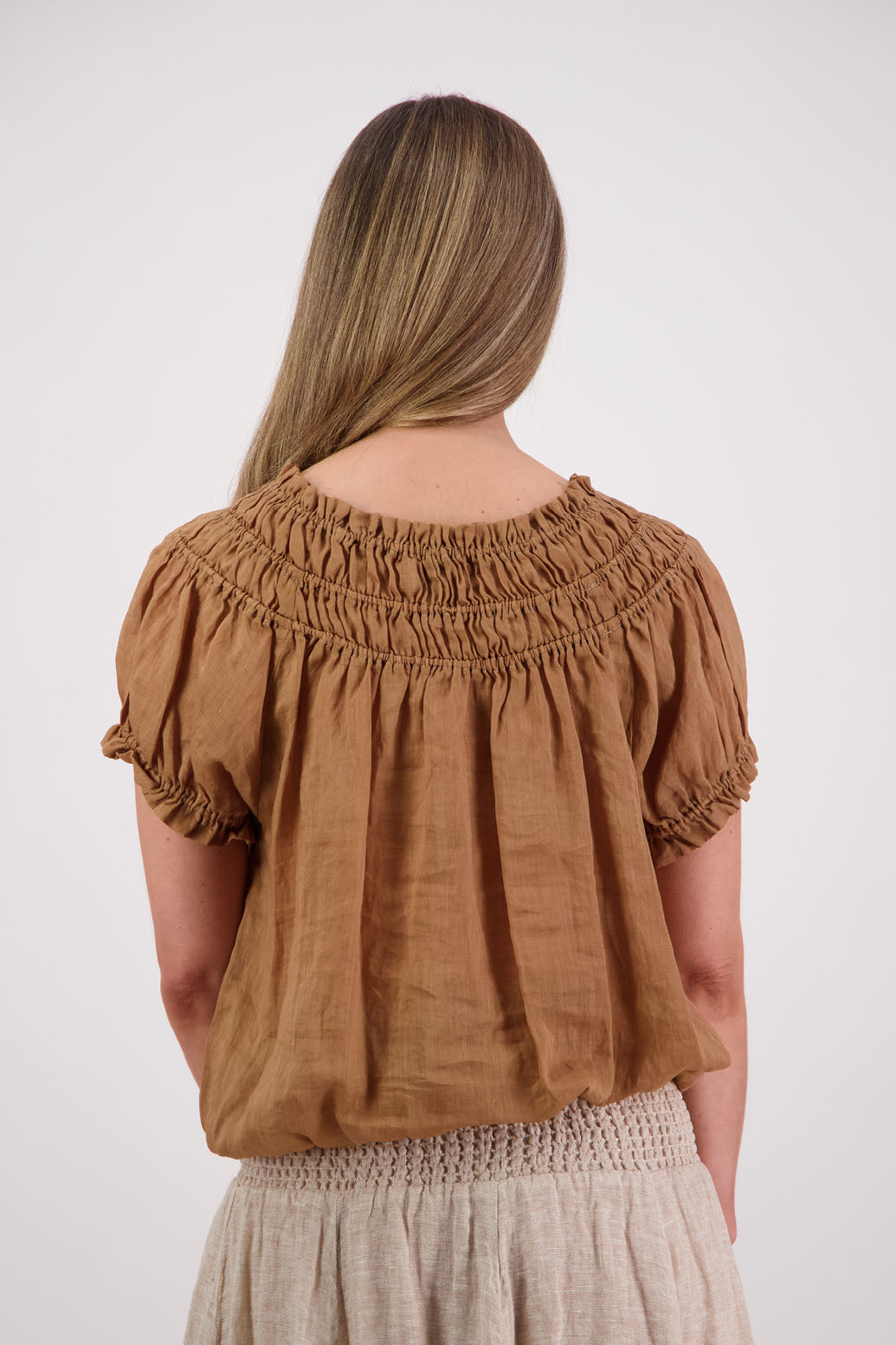 Womens top with shirred neck and ruffle sleeve. Briarwood NZ. Sal, Tan, Ramie