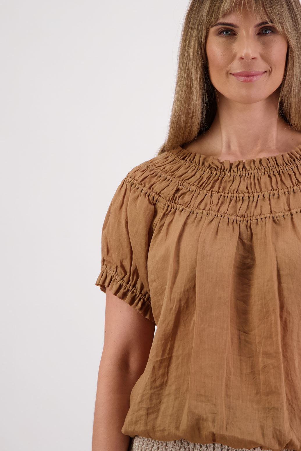 Womens top with shirred neck and ruffle sleeve. Briarwood NZ. Sal, Tan, Ramie