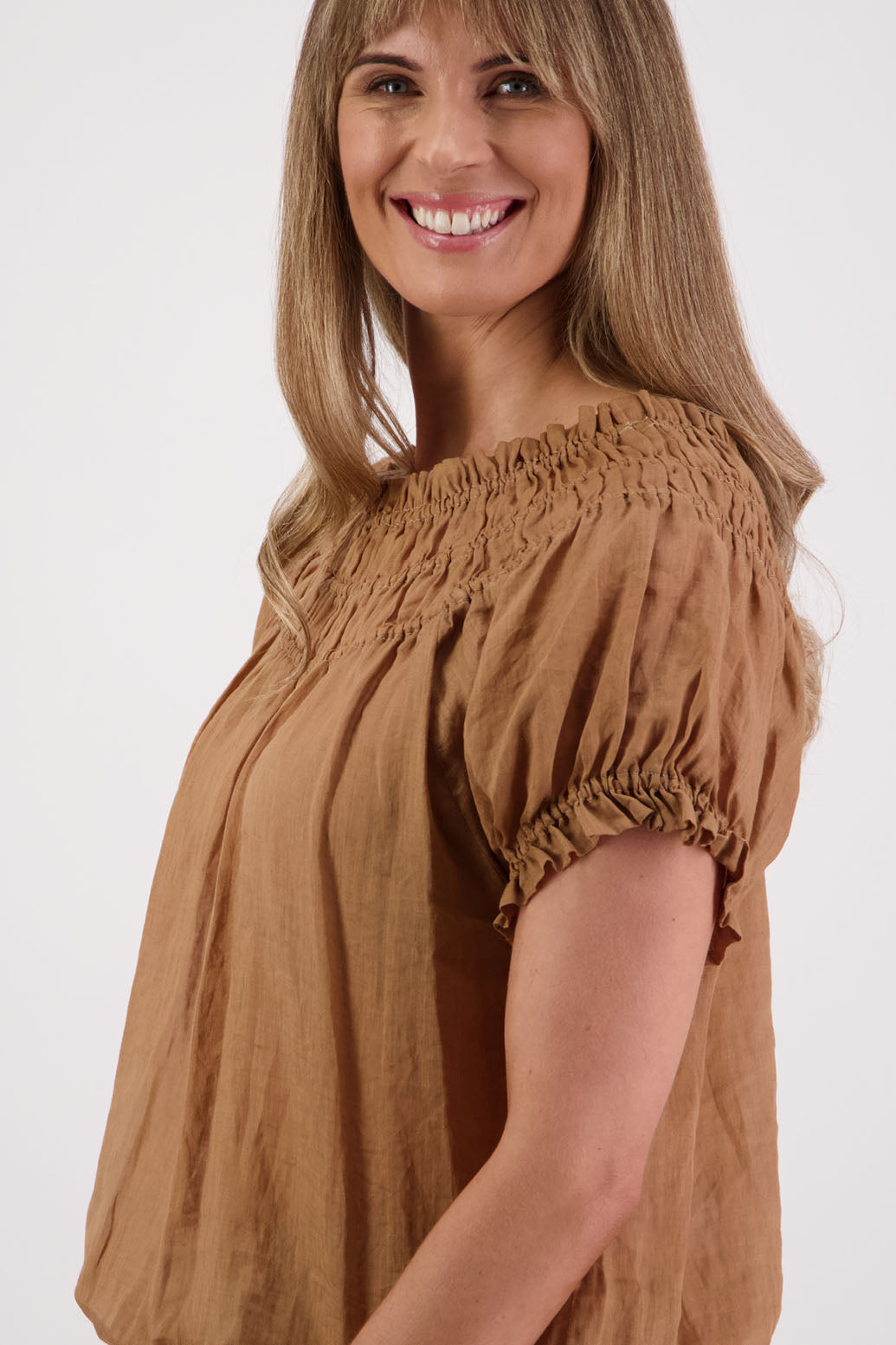 Womens top with shirred neck and ruffle sleeve. Briarwood NZ. Sal, Tan, Ramie