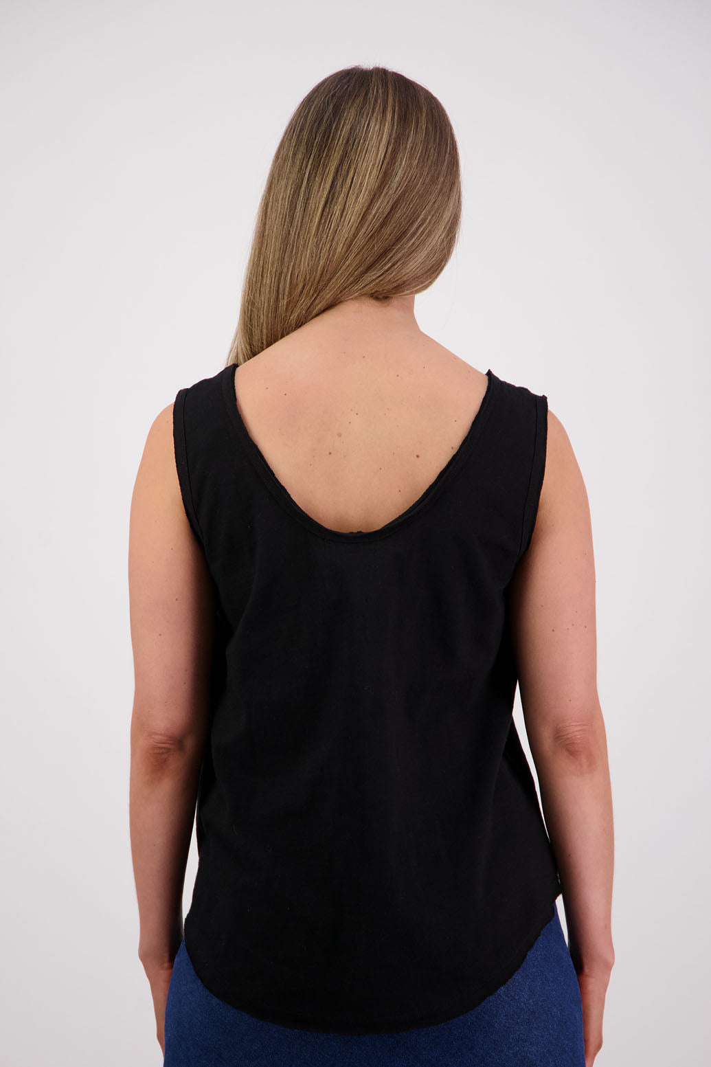 Womens cotton singlet with shaped hem and raw edges. Briarwood NZ. Sala, Black