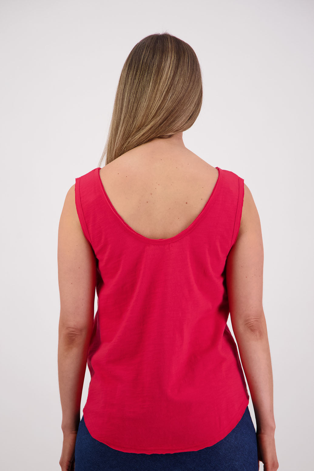 Womens cotton singlet with shaped hem and raw edges. Briarwood NZ. Sala, Red