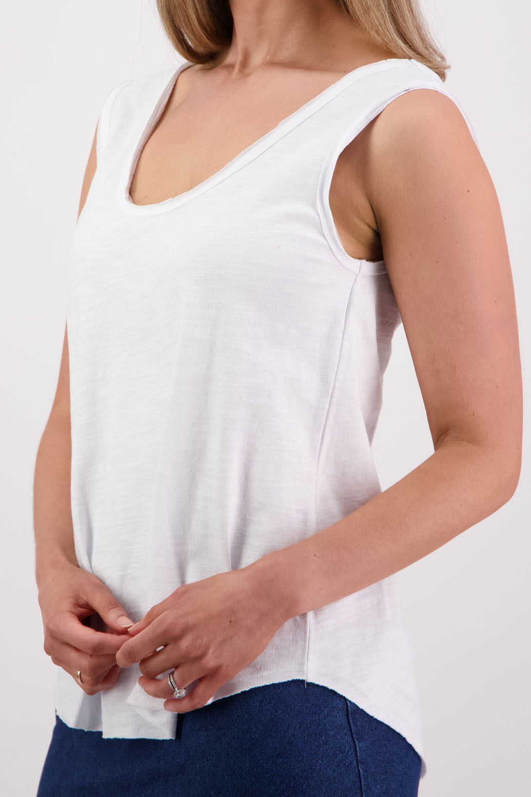 Womens cotton singlet with shaped hem and raw edges. Briarwood NZ. Sala, White