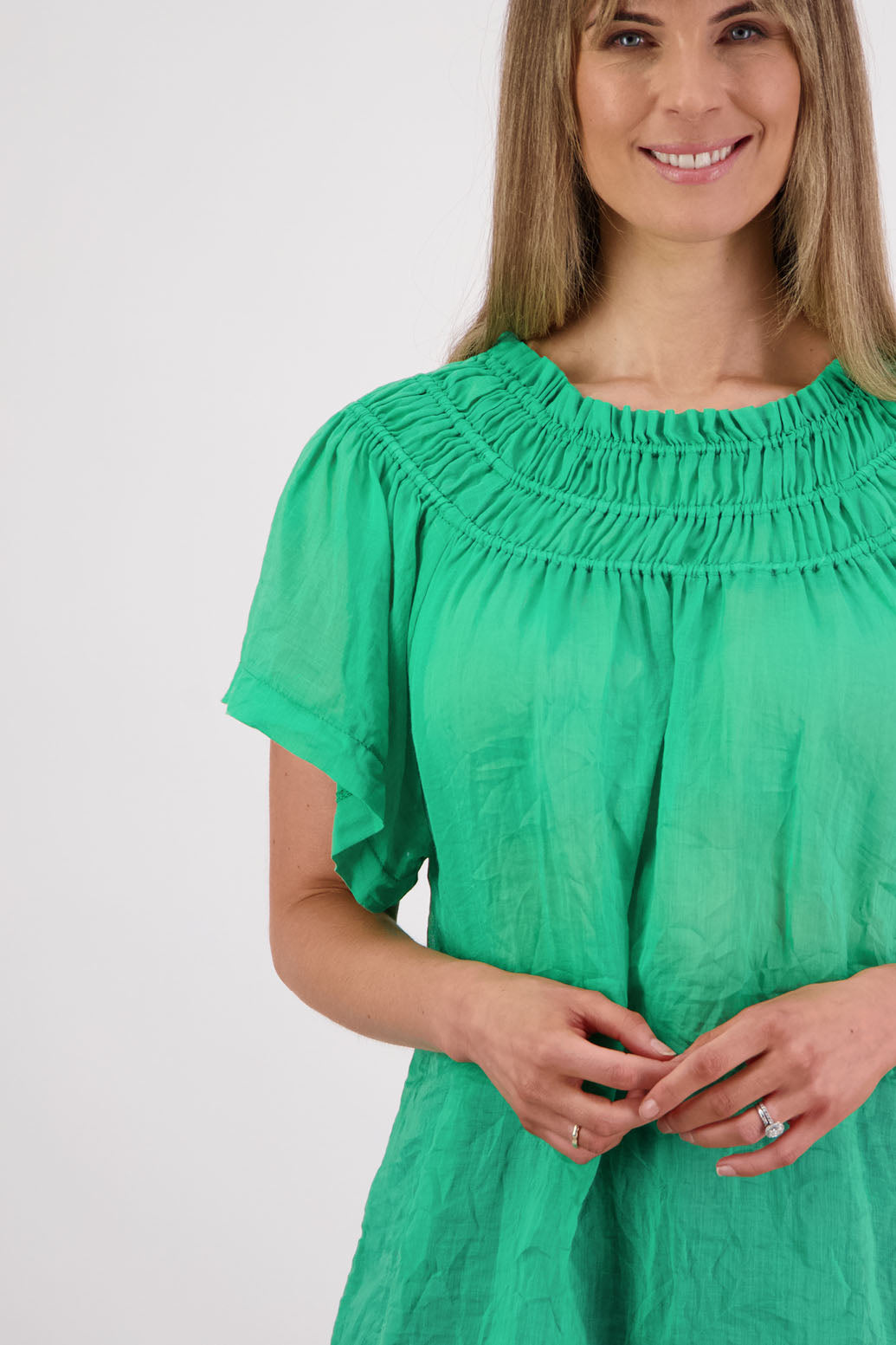 Elastic panels around neckline, longline length, short sleeve women's top. Briarwood NZ. Sally, Apple/Green, Ramie
