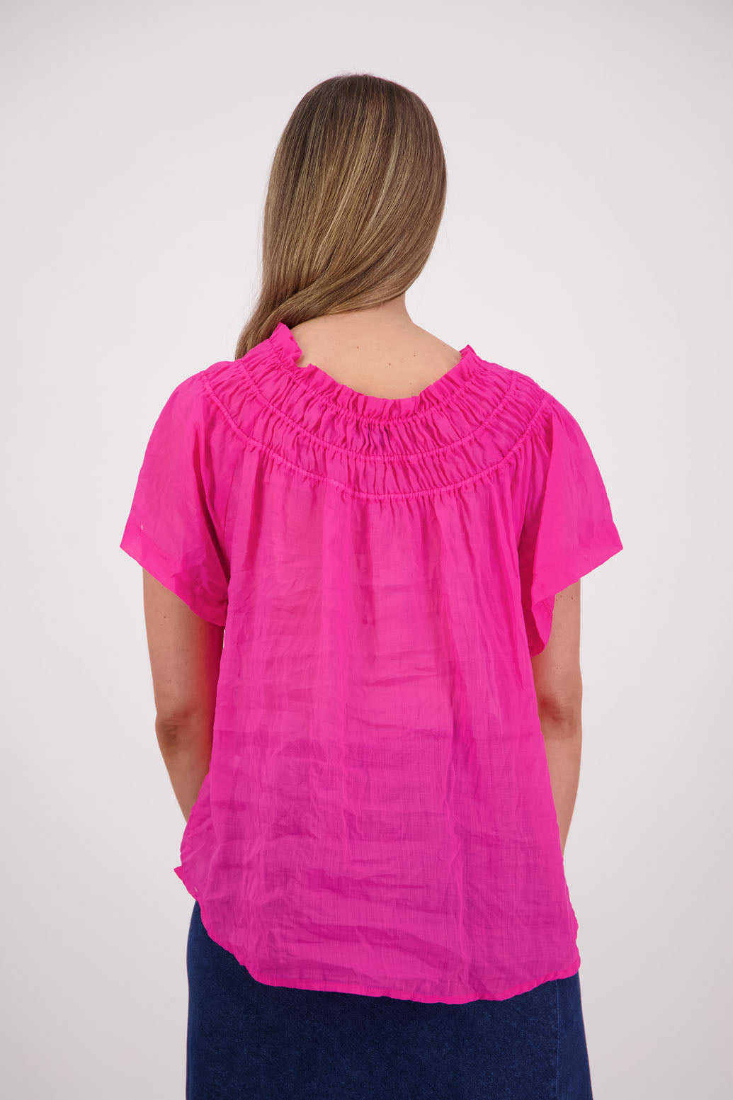 Elastic panels around neckline, longline length, short sleeve women's top. Briarwood NZ. Sally, Fuchsia, Ramie
