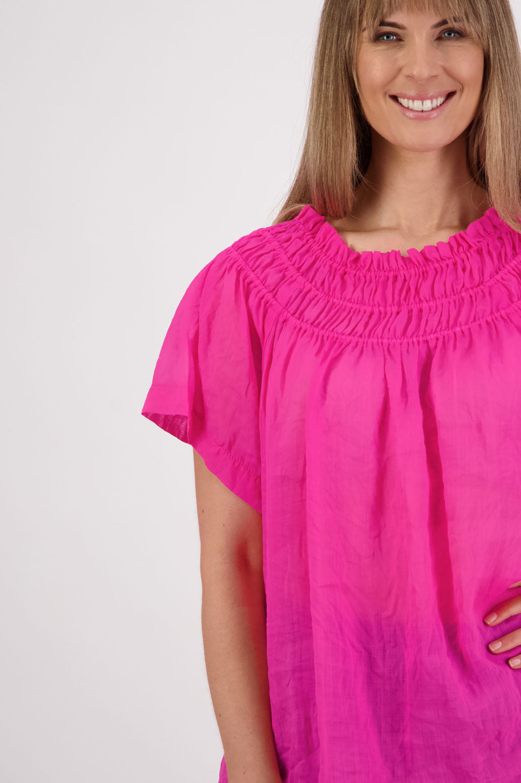 Elastic panels around neckline, longline length, short sleeve women's top. Briarwood NZ. Sally, Fuchsia, Ramie