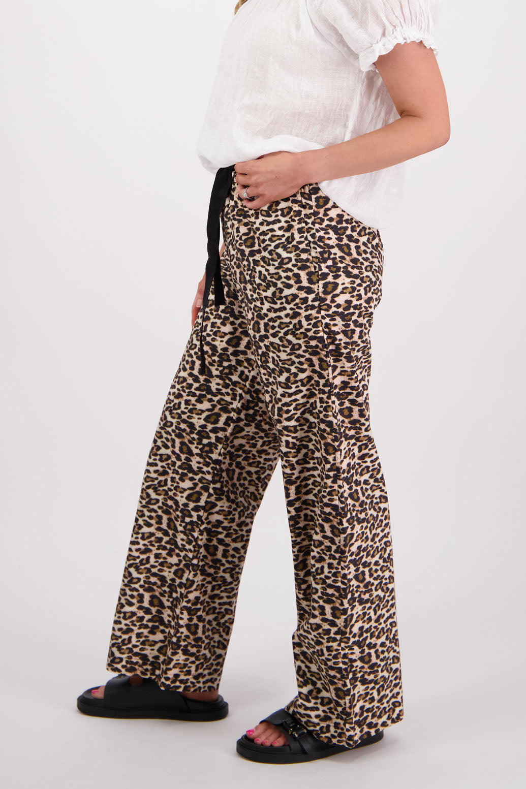 Womens wide leg leopard print pant with draw cord waist. Cotton Poplin. Briarwood NZ. Sam